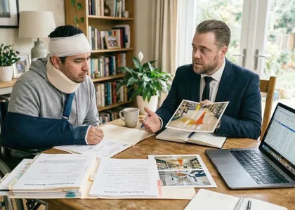 Slip-and-fall injury victim reviewing compensation claim with personal injury attorney