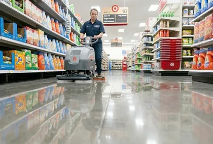 Target employee cleaning wet floor to prevent slip-and-fall injuries