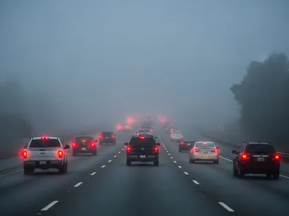 Tráfico en autopista con niebla y coches que utilizan las luces de freno en condiciones de poca visibilidad
