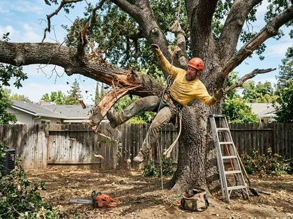 Tree worker falling after tree limb breaks during trimming