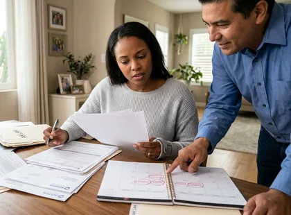 Two people reviewing accident reports and a calendar to understand the fault in a left turn collision