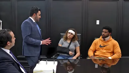 Un abogado especializado en lesiones personales consulta a dos clientes heridos en un accidente