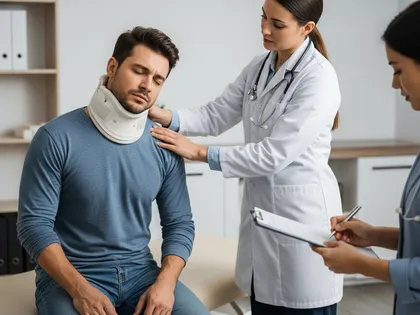 Un médico examina a un hombre herido que lleva un collarín