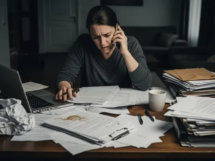 Una mujer estresada hablando por teléfono mientras revisa documentos legales y de seguros en su casa