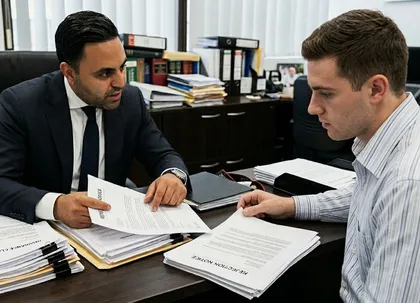 Victim consulting a lawyer about insurance dispute after a student driver crash
