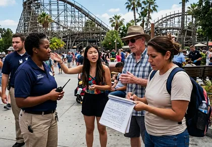 Woman speaking to a witness after a theme park accident