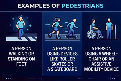 A graphic illustrating types of pedestrians, from walking to using roller skates or wheelchairs