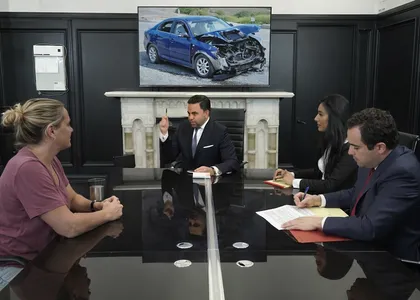 A legal team reviewing a car accident case with a woman, showing the wrecked car on the screen during the consultation