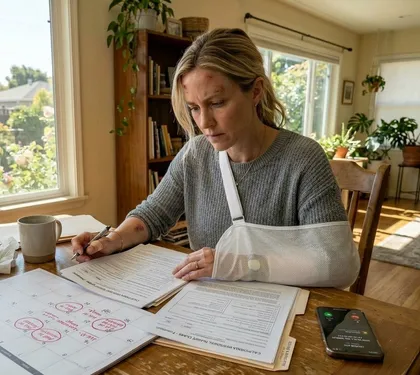 A woman with an injured arm and head, filling out paperwork related to her car accident recovery