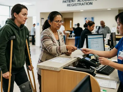 An injured woman on crutches paying hospital bills after a DUI accident