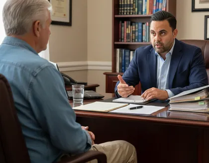 Attorney discussing a pedestrian-caused accident case with a client in a law office
