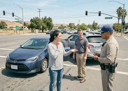 Car accident victim giving a statement to police at the crash scene