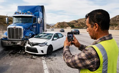 Driver documenting truck accident scene in California for claim