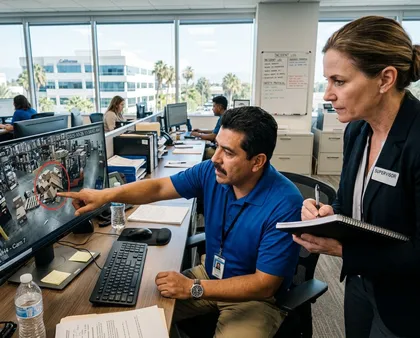 Employee and supervisor analyzing a workplace accident on security camera footage, considering compensation for fault