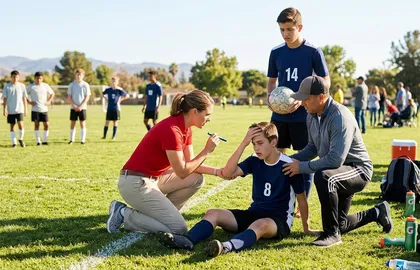 Evaluación de una conmoción cerebral durante un partido de fútbol juvenil con un entrenador examinando a un jugador lesionado