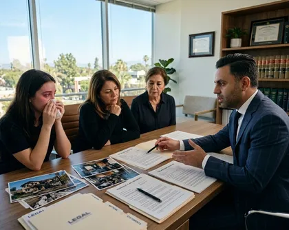 Family meeting with lawyer to discuss wrongful death claim after a fatal fire