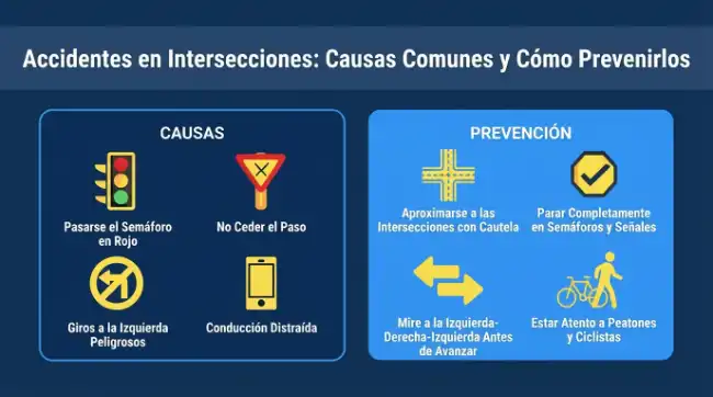 Infografía sobre causas y prevención de accidentes en intersecciones para siniestros de tráfico en California