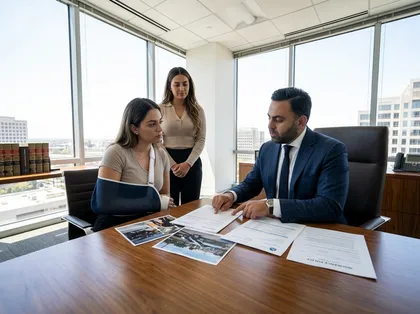 Injured client discussing accident compensation with personal injury attorney