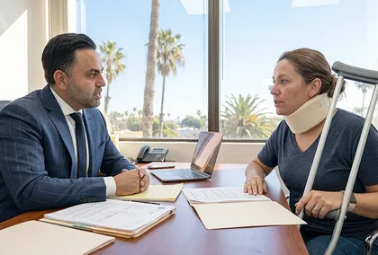 Injured client discussing personal injury case timeline with lawyer