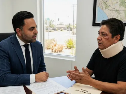 Injured man talking about car accident claim with a lawyer