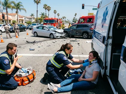 Injured woman receiving medical care after an intersection accident injury