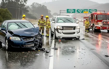 La escena de un accidente en una autopista de California empapada por la lluvia muestra el riesgo de colisión en una carretera resbaladiza