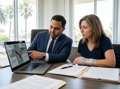 Lawyer explaining merging traffic rules to injured client using road diagram