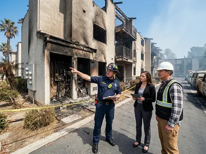 Legal expert, firefighter, and engineer discussing fire damage as part of a wrongful death investigation
