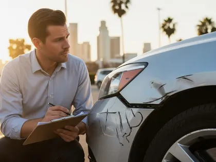 Man documenting a car damage for insurance claim denial in California
