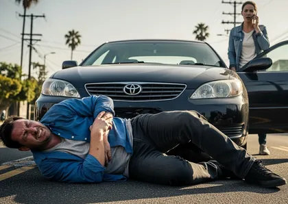 Man lying on the street after being hit by a car while a woman calls for help