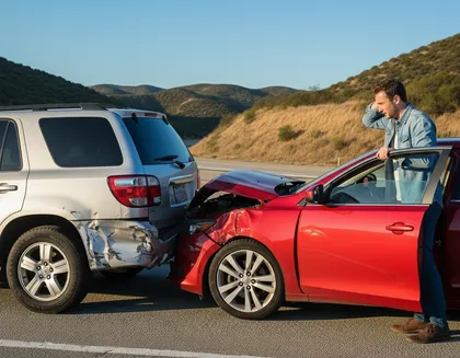 Man with a damaged car on the side of the road, unsure if he can claim compensation after causing the accident