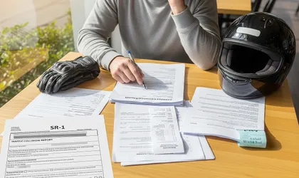 Motociclista organizando los registros de accidentes y el papeleo de reclamaciones