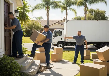 Movers carrying heavy boxes during relocation