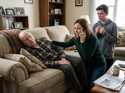 Older man with head injury symptoms while family calls for emergency help
