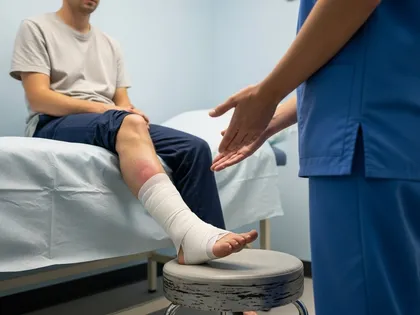 Paciente con la parte inferior de la pierna y el tobillo vendados siendo examinado tras una fractura por resbalón y caída