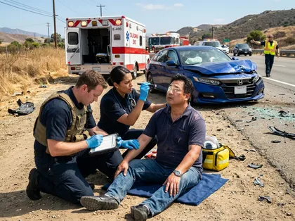Paramedics checking injured man for emergency medical services after an accident