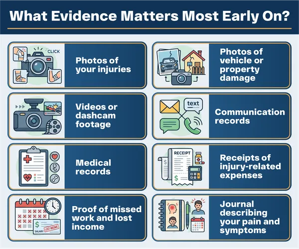 Personal injury evidence checklist infographic for building an injury claim early