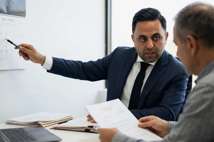 Truck accident lawyer explaining filing deadlines using a calendar while a client reviews legal documents in an office setting