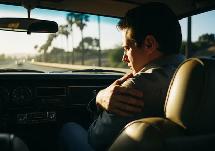 Un hombre dentro de un vehículo experimenta dolor en el hombro tras un accidente de tráfico