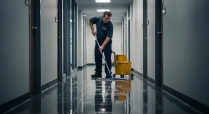 Un trabajador de un comercio fregando un suelo mojado creando un peligro de resbalón y caída con lesiones personales