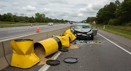 Una escena de accidente de coche con barriles amarillos