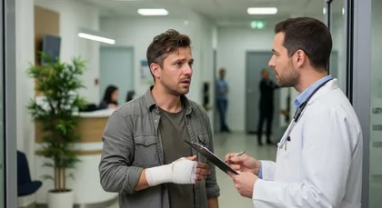 Víctima de accidente de moto discutiendo la factura médica con un médico