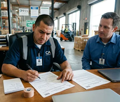Warehouse employee filling out a workers' compensation form while discussing an accident with a supervisor