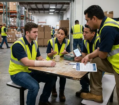 Warehouse workers discussing repetitive motion injuries and the possibility of claiming workers’ compensation