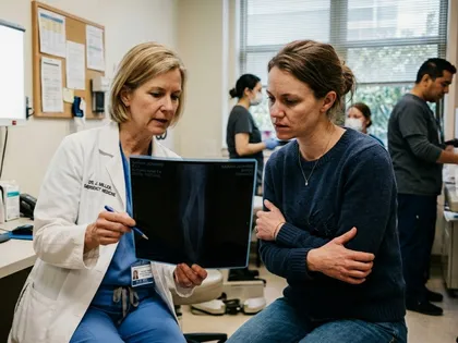 Woman reviewing X-ray with doctor showing hidden injury after car accident despite no visible wounds