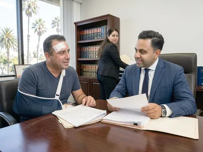 injured crash victim meeting with personal injury lawyer for compensation claim