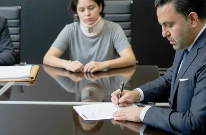 injury victim signing legal documents for car accident compensation