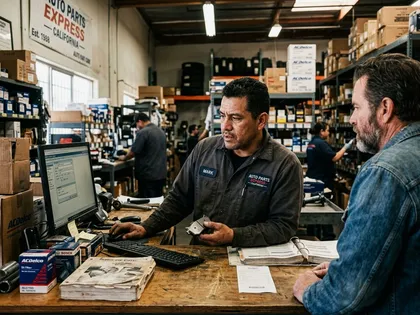 A vehicle owner speaking with an auto parts store employee