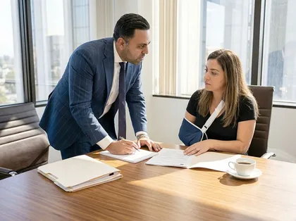 Abogado de lesiones personales revisando un caso de lesiones similar con un cliente