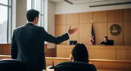 Abogado que defiende a un cliente ante el tribunal en un caso de accidente de camión de reparto